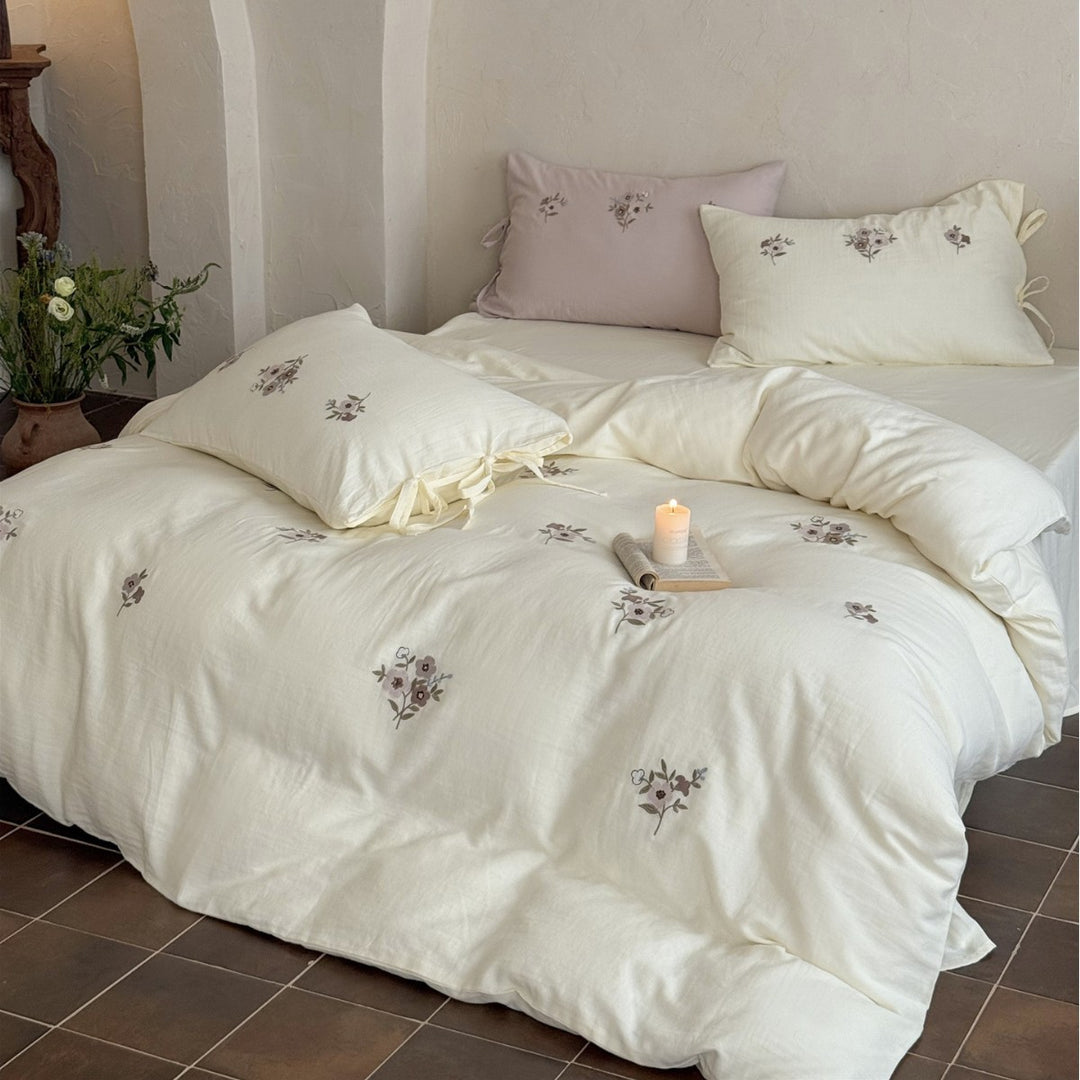 Embroidered Linen-Feel Duvet Cover Set with Tied Pillow Shams