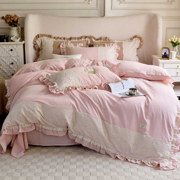 Vintage-Inspired Ruffled Eyelet Lace Cotton-Linen Duvet Cover Set