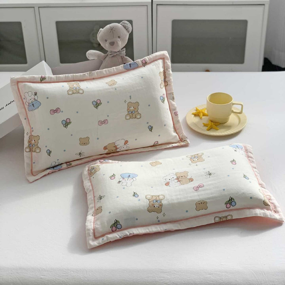 Baby Muslin Pillow Set with Bear Print & Soft Gauze Ruffled Edge