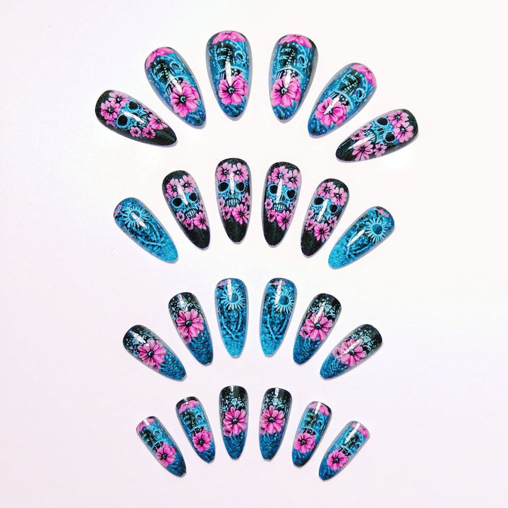 Artificial nails with Lifelike Skull Design and Floral Accents Stornfield