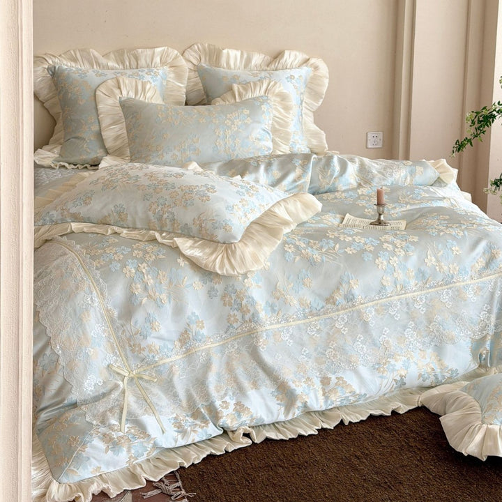Luxurious Floral Ruffled Lace Comforter Set with Satin Trim