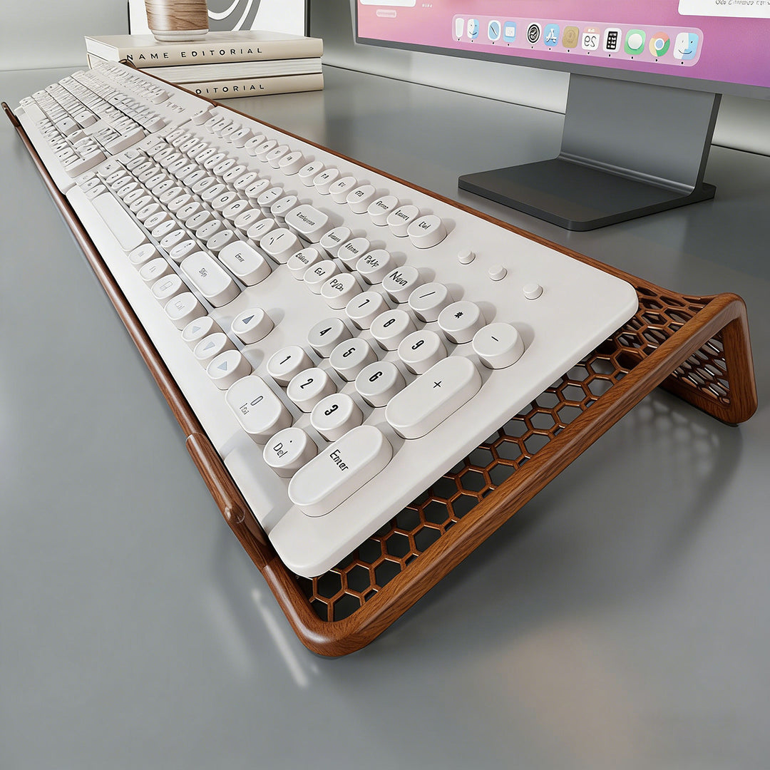 Ergonomic Retro Round‑Key Mechanical Keyboard with Honeycomb Wooden Wrist Rest