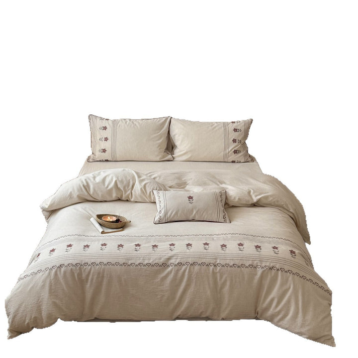 Embroidered Linen Duvet Cover Set with Decorative Pillow Shams
