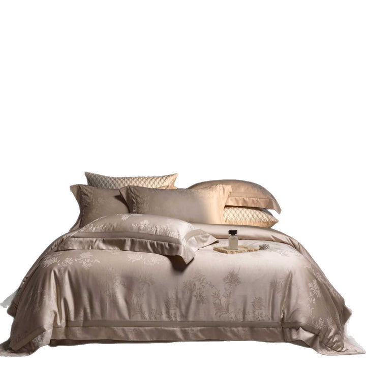 Luxury Jacquard Satin Duvet Cover Set with Botanical Embossed Weave and Oxford Pillow Shams