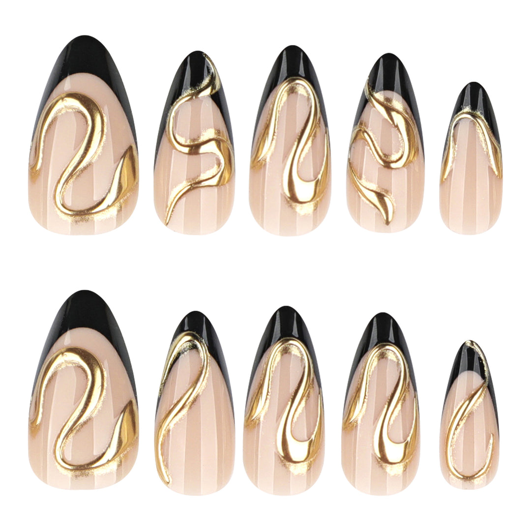 Artful stiletto nails with elegant gold design Stornfield