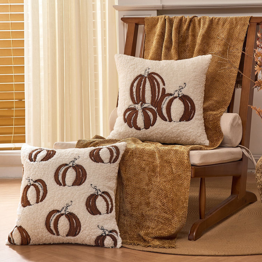 Plush Sherpa Embroidered Pumpkin Throw Pillow