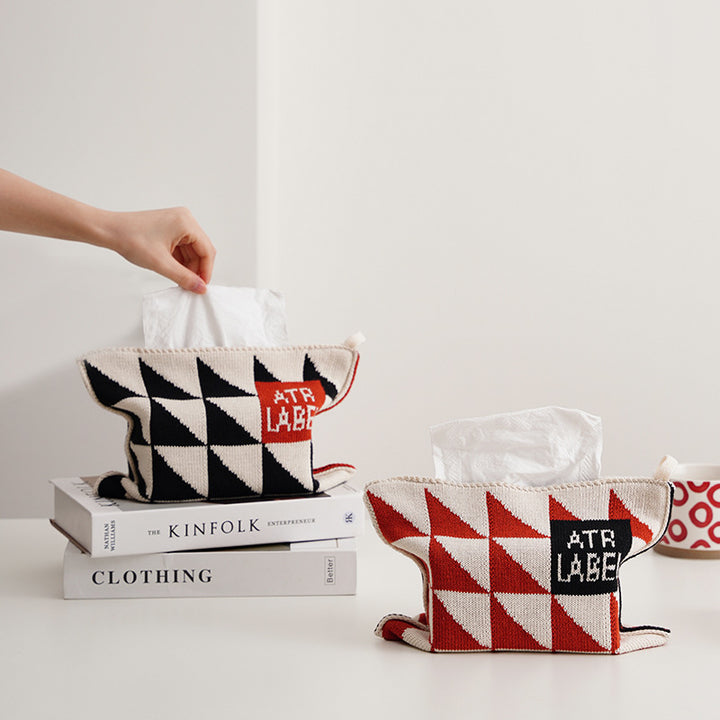 Knitted tissue box cover with geometric wave pattern
