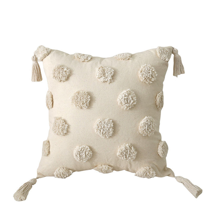 Square cotton-linen cushion cover with 3D pompom tufting and corner tassels Stornfield