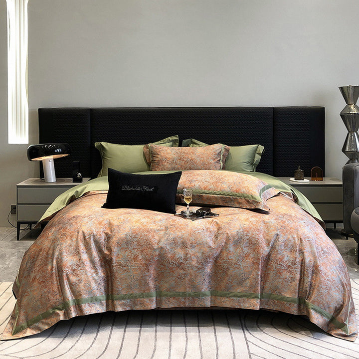 Satin bedding set with watercolor rose design, hotel closure and contrast piping