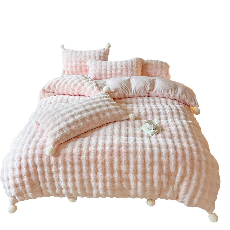 Plush Waffle-Texture Pom-Pom Duvet Cover Bedding Set