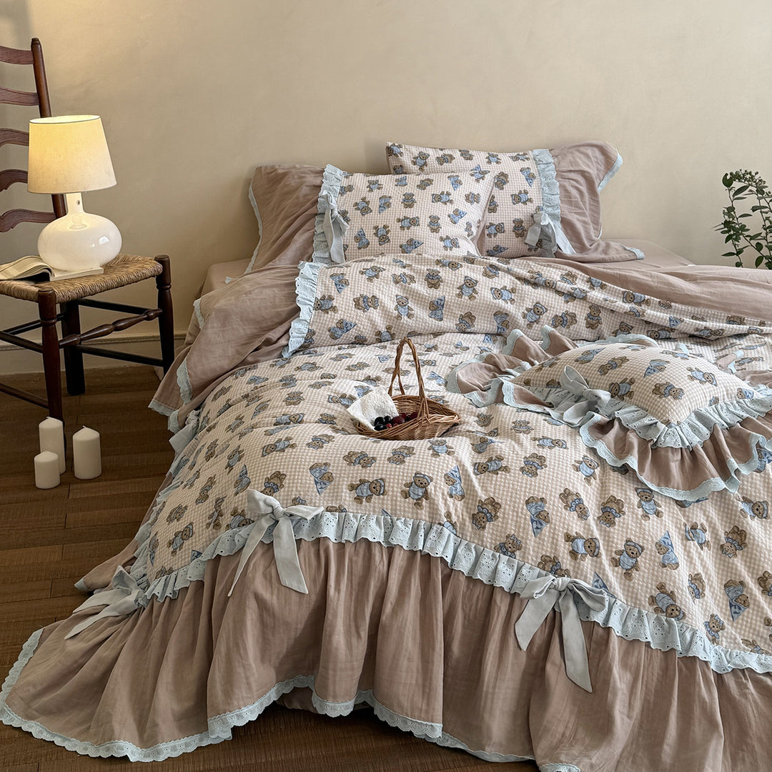 Ruffled Cotton Quilted Duvet Cover Set with Teddy Bear Print and Lace Trim