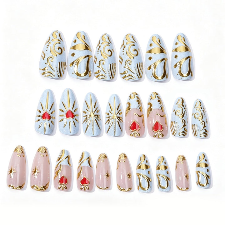 Artificial nail set with filigree golden accents and romantic heart motifs Stornfield