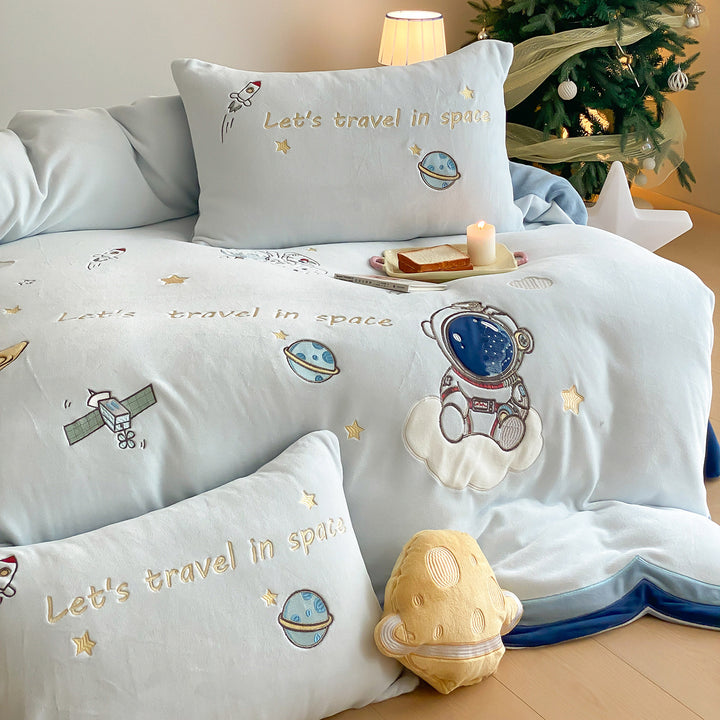 Children's Astronaut Embroidered Cotton Duvet Cover Set with Scalloped Velvet-Trim Pillow Shams