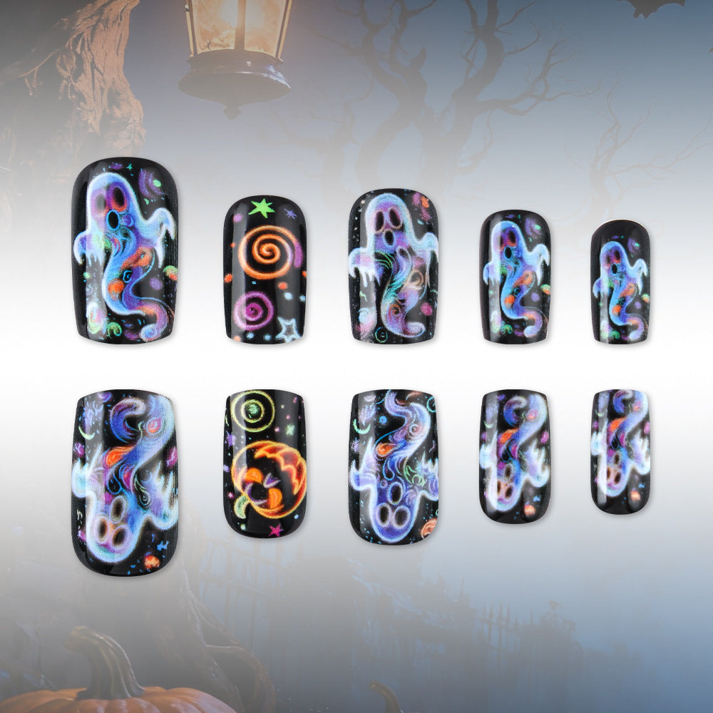 Artistic Halloween-Themed Press-On Nail Design Stornfield
