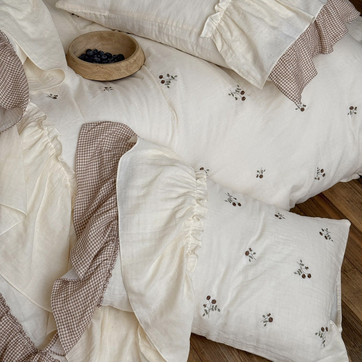 Ruffled Cotton Duvet Cover Set with Embroidered Floral Motif and Gingham Bed Skirt