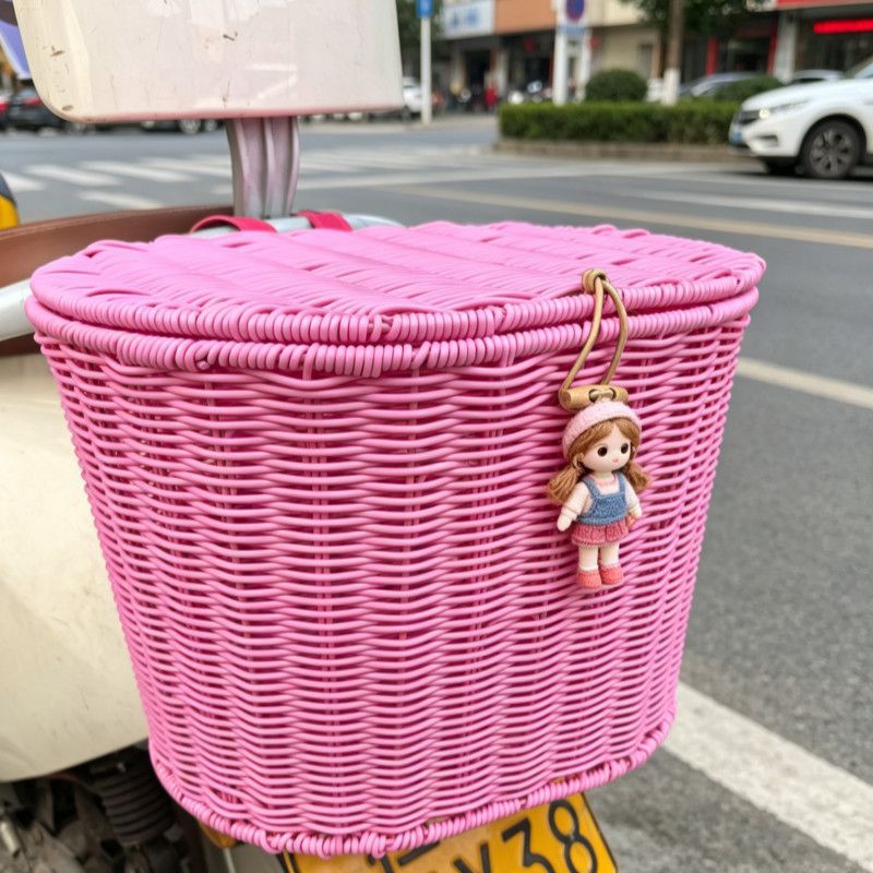 woven rattan front bicycle basket with universal handlebar mount Stornfield