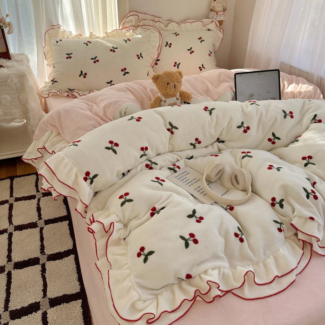 Plush Coral Fleece Heart-Print Oversized Comforter with Ruffle-Edge Pillow Shams