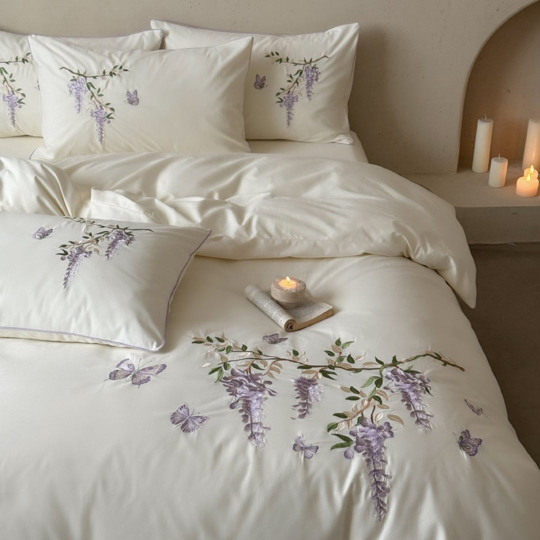 Reversible Silk-Effect Embroidered Wisteria Duvet Cover Set with Piped Shams
