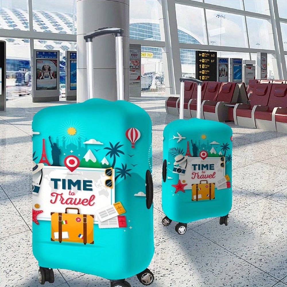 Unisex nan elastic motive suitcase protection in retro travel poster design with zipper and anti-slip attachment for spinner trolleys Stornfield
