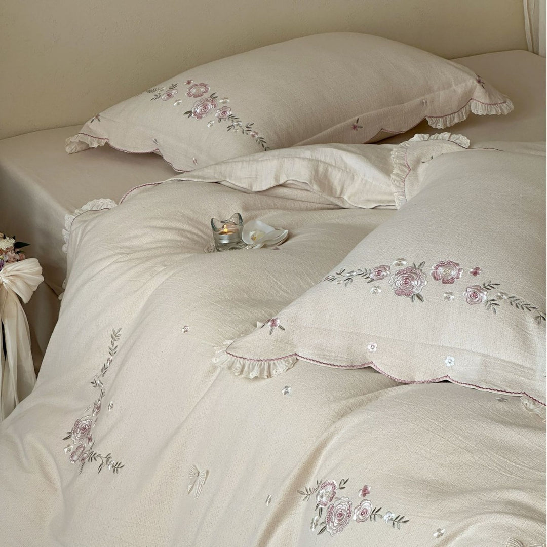Embroidered Linen-Blend Duvet Cover Set with Scalloped Ruffle Shams