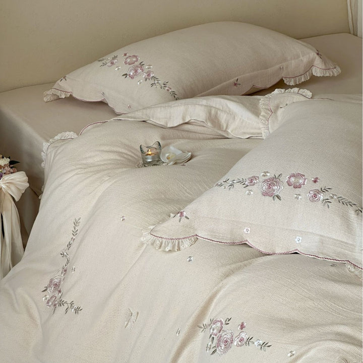 Embroidered Linen-Blend Duvet Cover Set with Scalloped Ruffle Shams