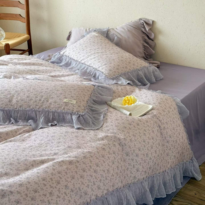 Ruffled-Trim Cotton Sateen Duvet Cover Set with Floral Microprint and Decorative Pillow Shams