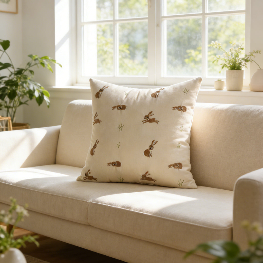 Embroidered Bunny Linen Blend Lumbar Throw Pillow with Tassel Corners