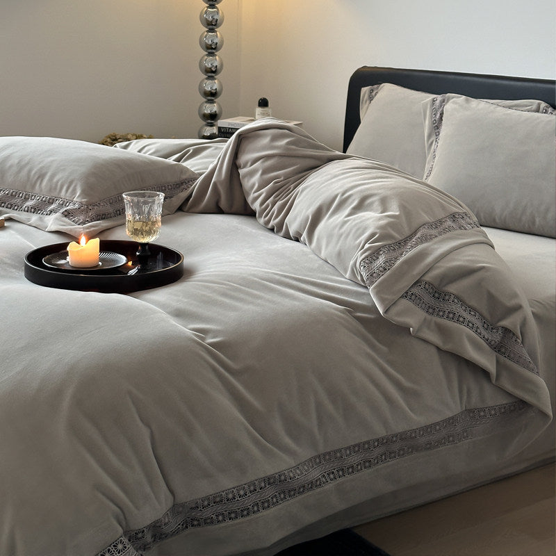 Luxury Brushed Velvet Duvet Cover Set with Lace-Inset Border