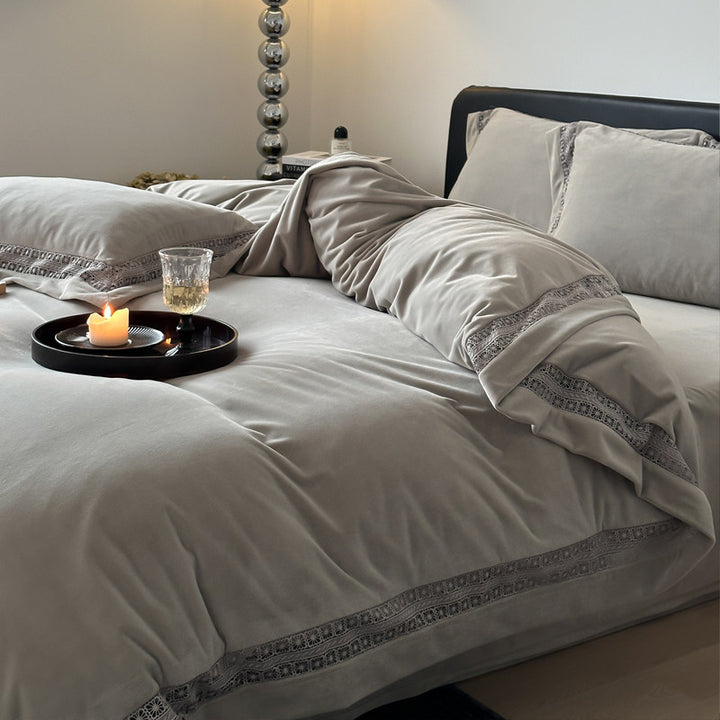 Luxury Brushed Velvet Duvet Cover Set with Lace-Inset Border
