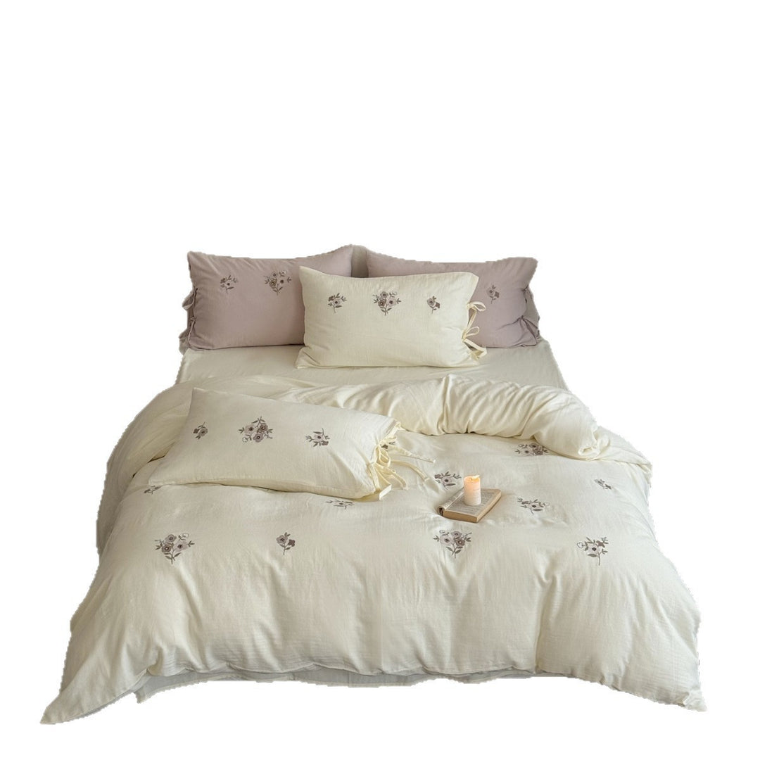 Embroidered Linen-Feel Duvet Cover Set with Tied Pillow Shams