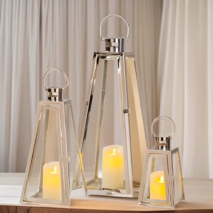 Modern Triangular Glass Candle Lantern Set with Gold Metal Frame Stornfield