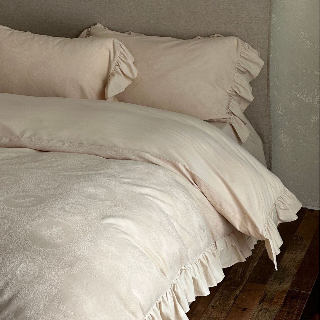Jacquard Medallion Duvet Cover Set with Ruffled Skirt and Ruffled Shams
