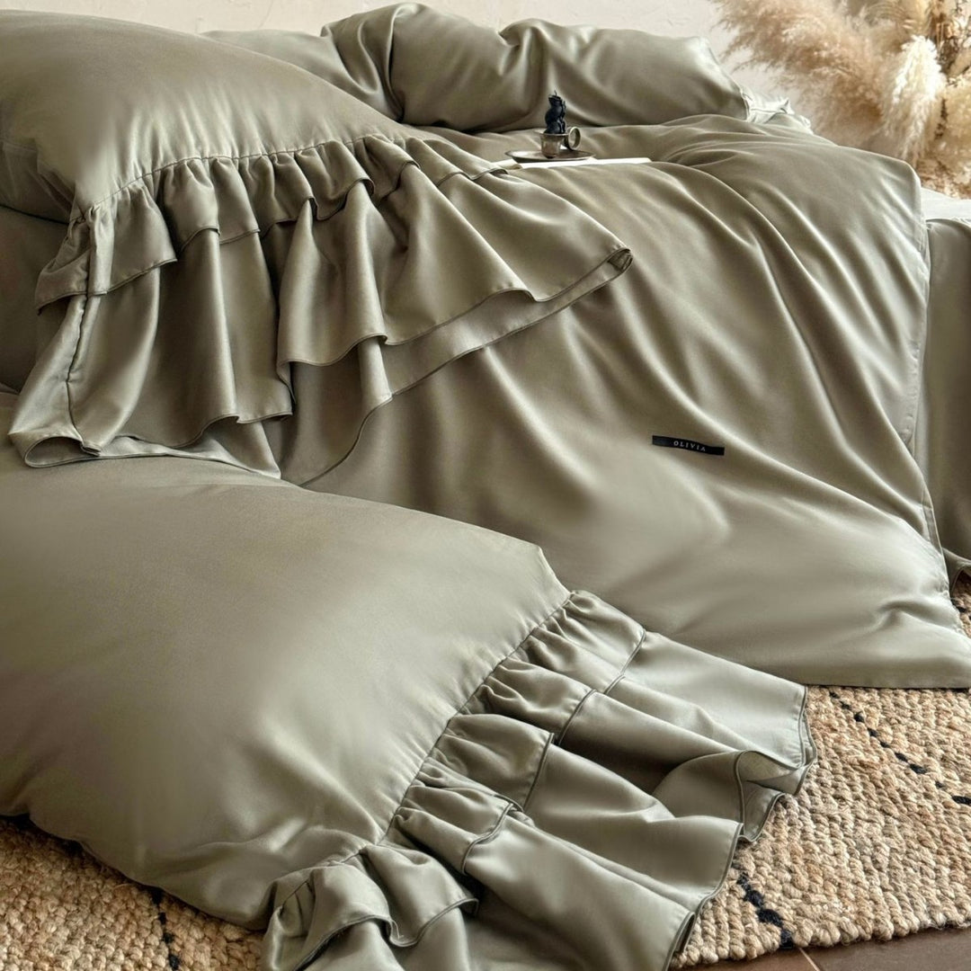 Ruffled-Edge Sateen Duvet Cover Set with Skirted Bedskirt & Decorative Pillow Shams