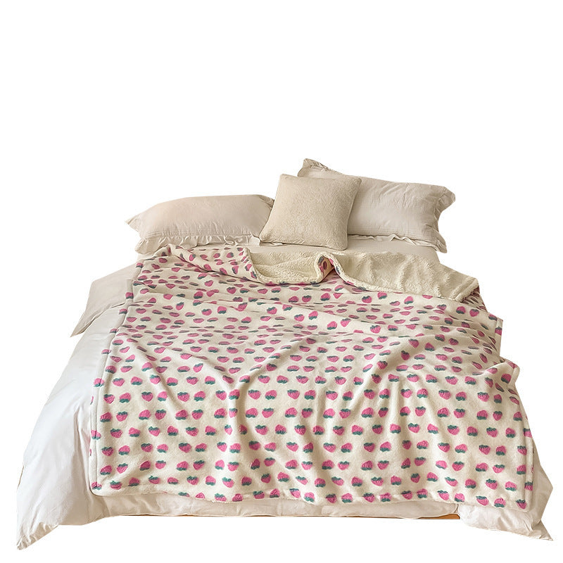 Reversible Sherpa Fleece Throw Blanket with Embossed Strawberry Texture