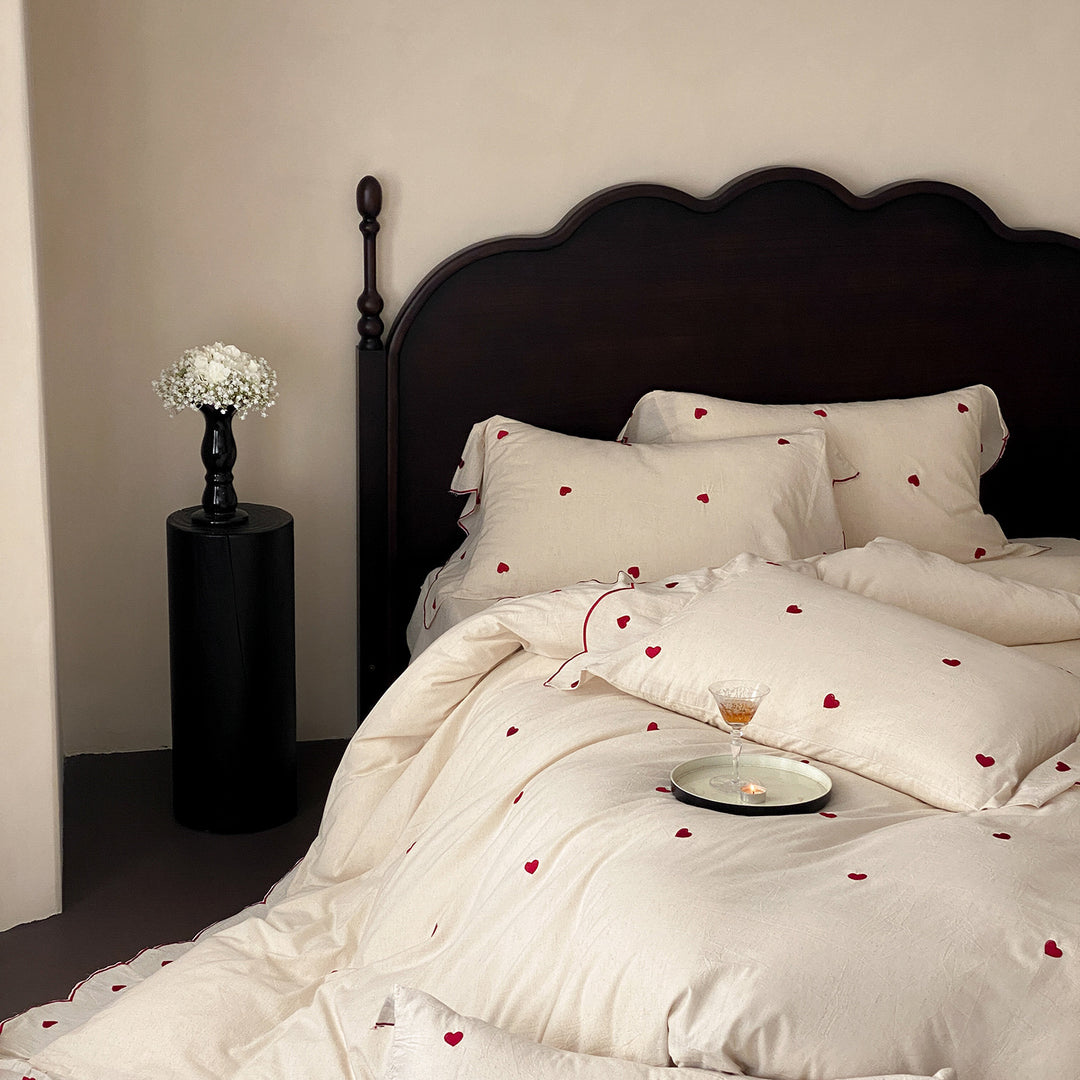 Scalloped Embroidered Heart Linen Duvet Cover Bedding Set with Ruffled Edge and Pillow Shams
