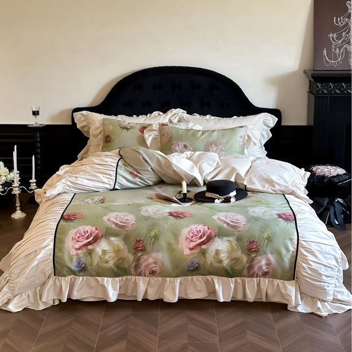Romantic bedspread and pillow set with rose watercolor, ruffle, and satin trim