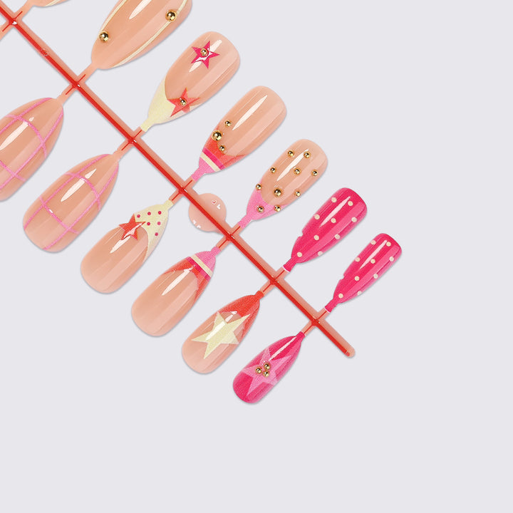 Artificial nail set with creative geometric patterns and sparkling accents Stornfield