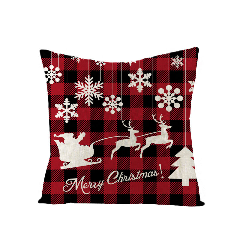 Square Linen-Blend Holiday Throw Pillow Cover with Buffalo Plaid Tree and Script Greeting