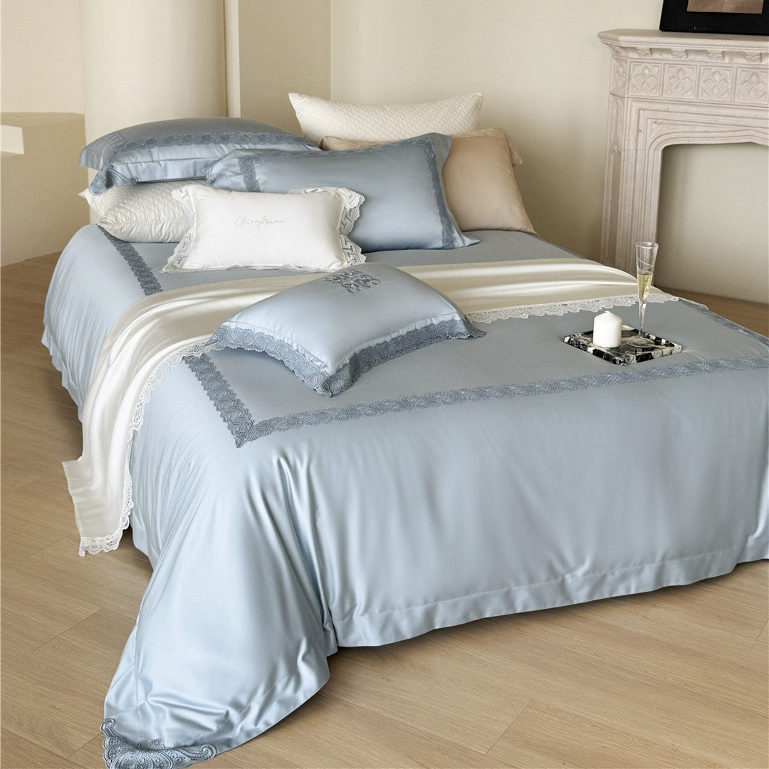 Silky Embroidered Floral Sateen Duvet Cover Set with Lace-Trim Shams