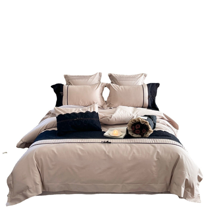 Embroidered Cotton Sateen Duvet Cover Set with Pleated Trim