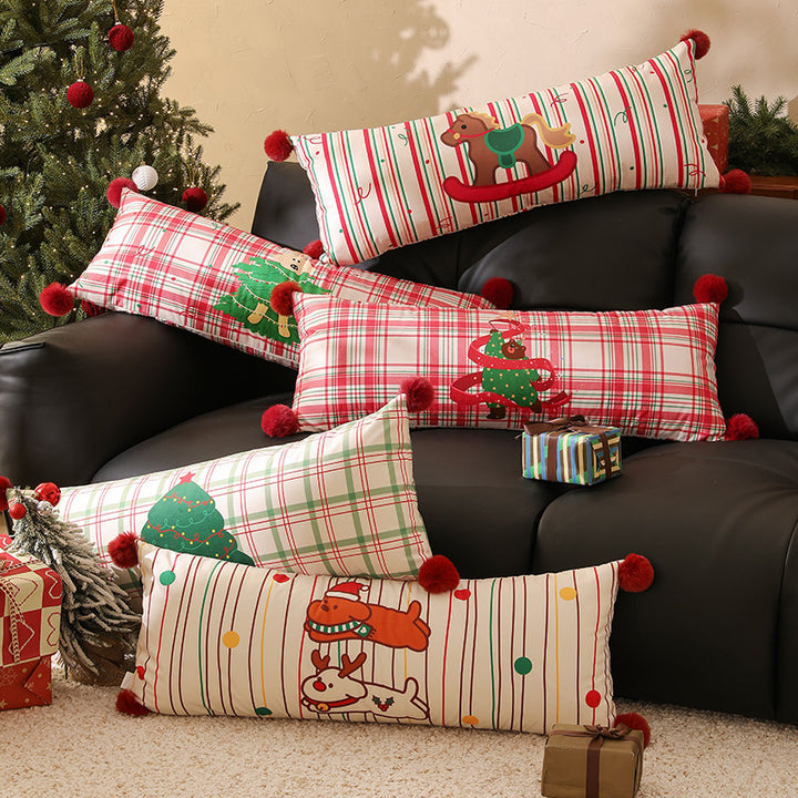 Long neck and decorative cushion with check pattern, dog Christmas tree application and pompom