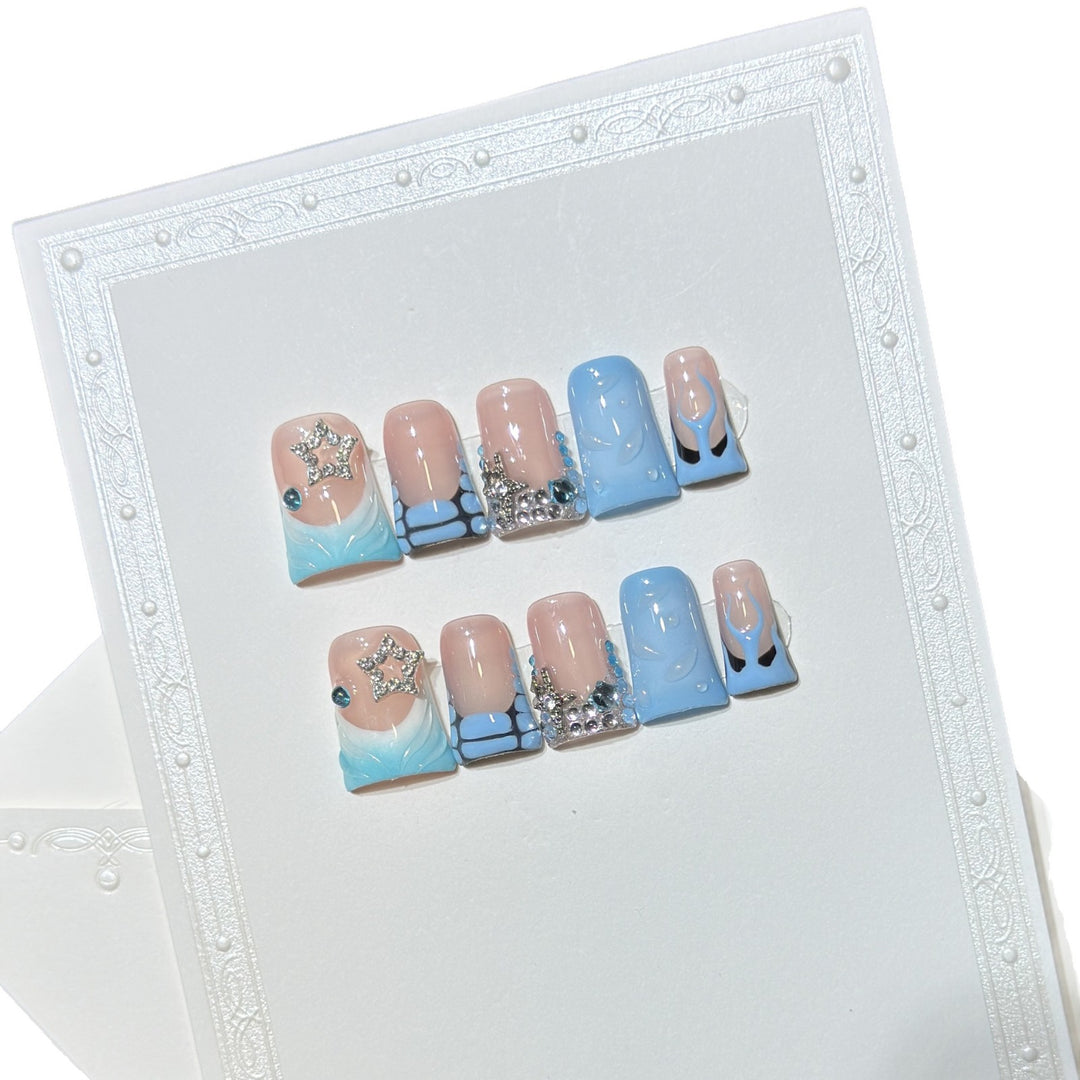 Decorative Press-On Nail Art Set with Ocean-Inspired Design Stornfield