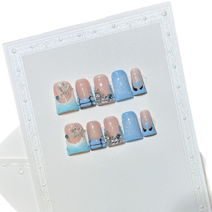 Decorative Press-On Nail Art Set with Ocean-Inspired Design Stornfield