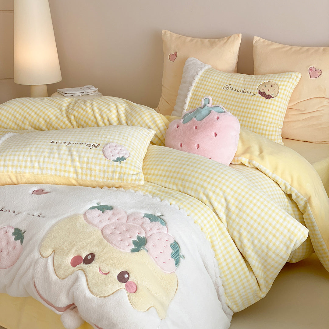 Cozy bedding set with embroidered strawberry appliqués