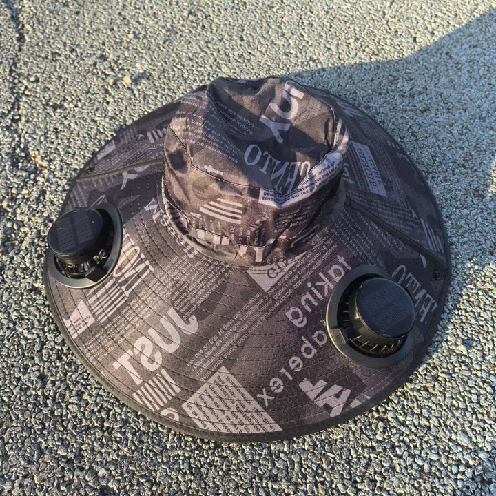 Ventilated sun hat with integrated solar fans and wide brim Stornfield