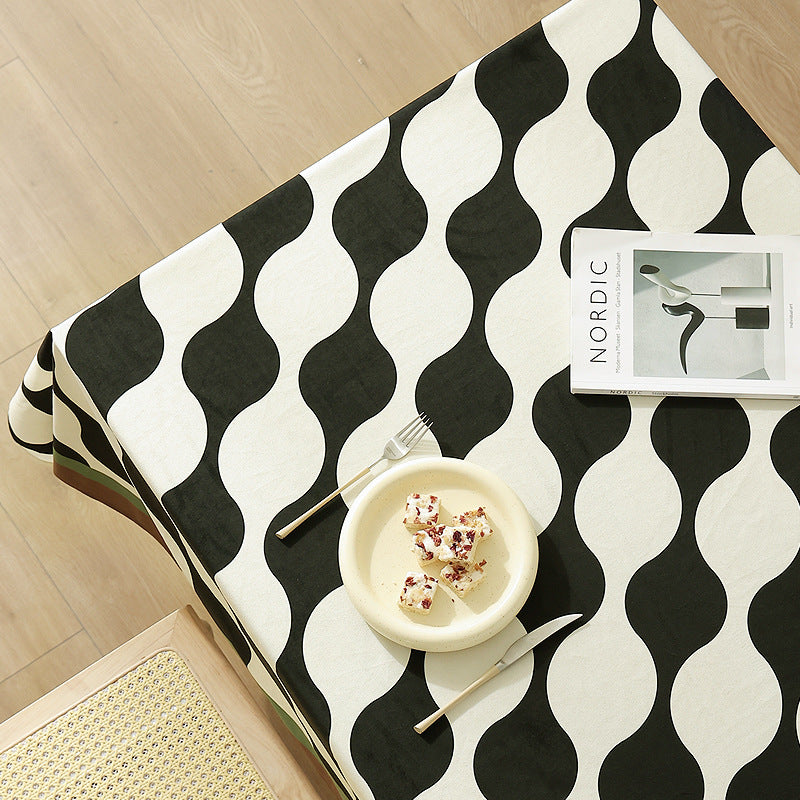 Wipeable Rectangular Table Runner with Geometric Wave Pattern and Contrast Edge