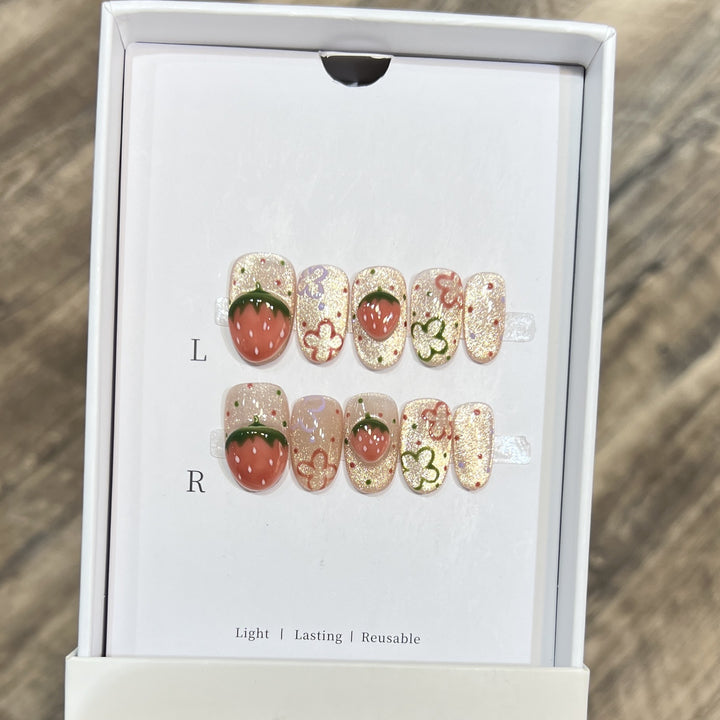 Artistic Strawberry-Themed Press-On Nail Set Stornfield