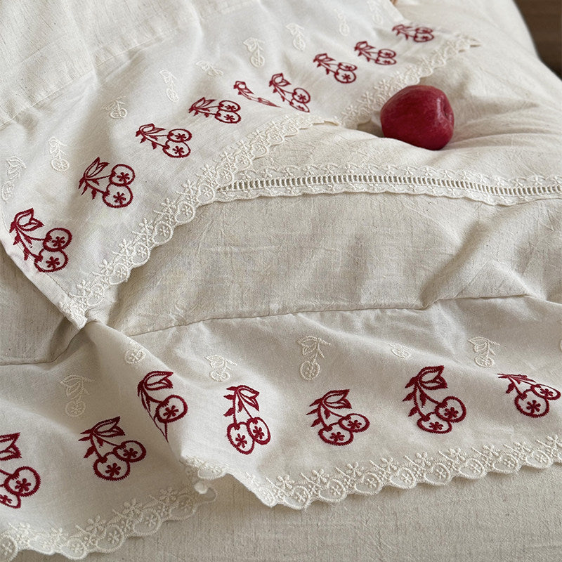 Artisan Embroidered Cherry-Motif Cotton-Linen Duvet Cover Set with Scalloped Lace Hem