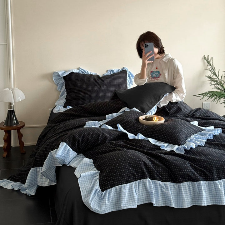 Ruffled Gingham-Trim Cotton Duvet Cover Set