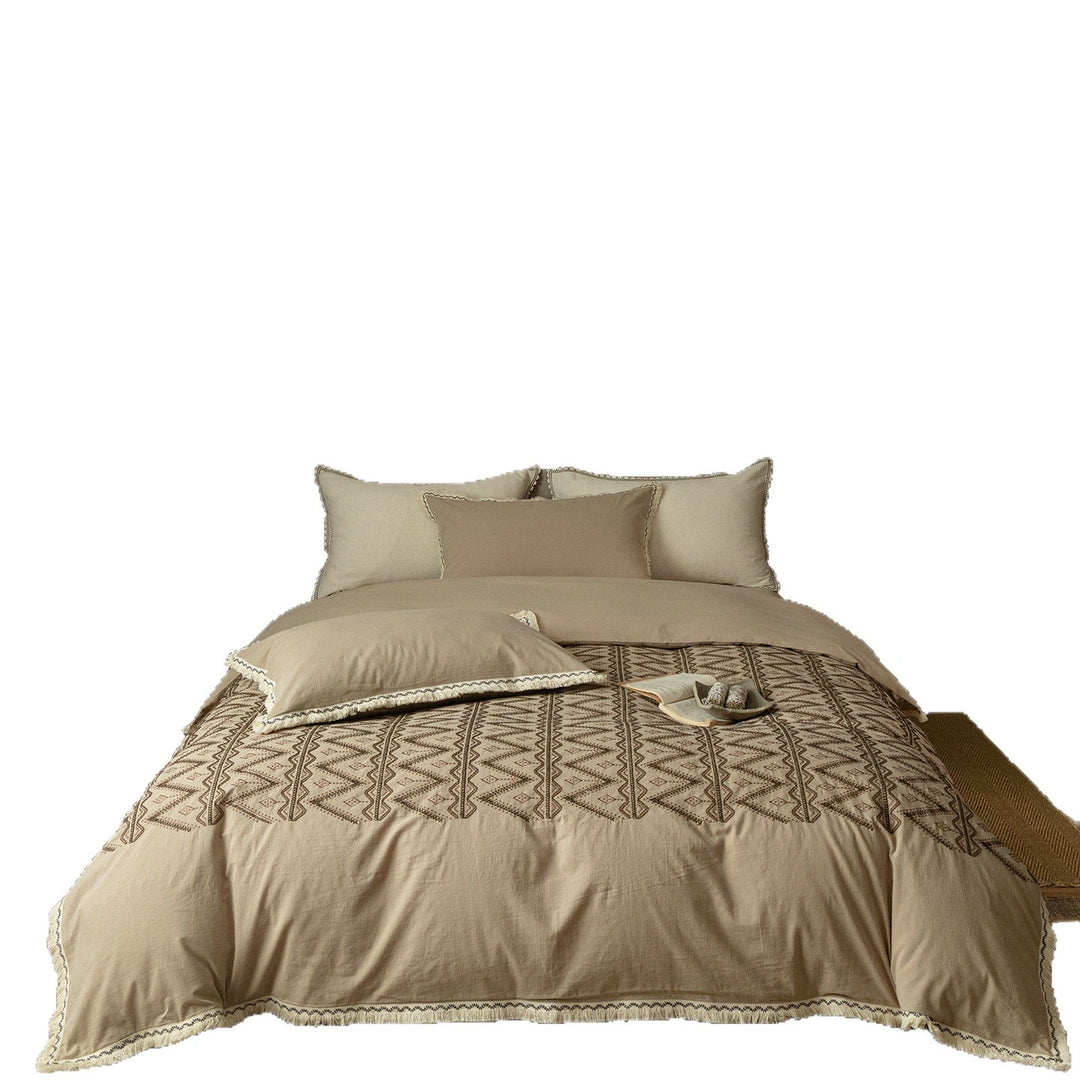 Organic Linen Embroidered Duvet Cover Set with Pom Trim